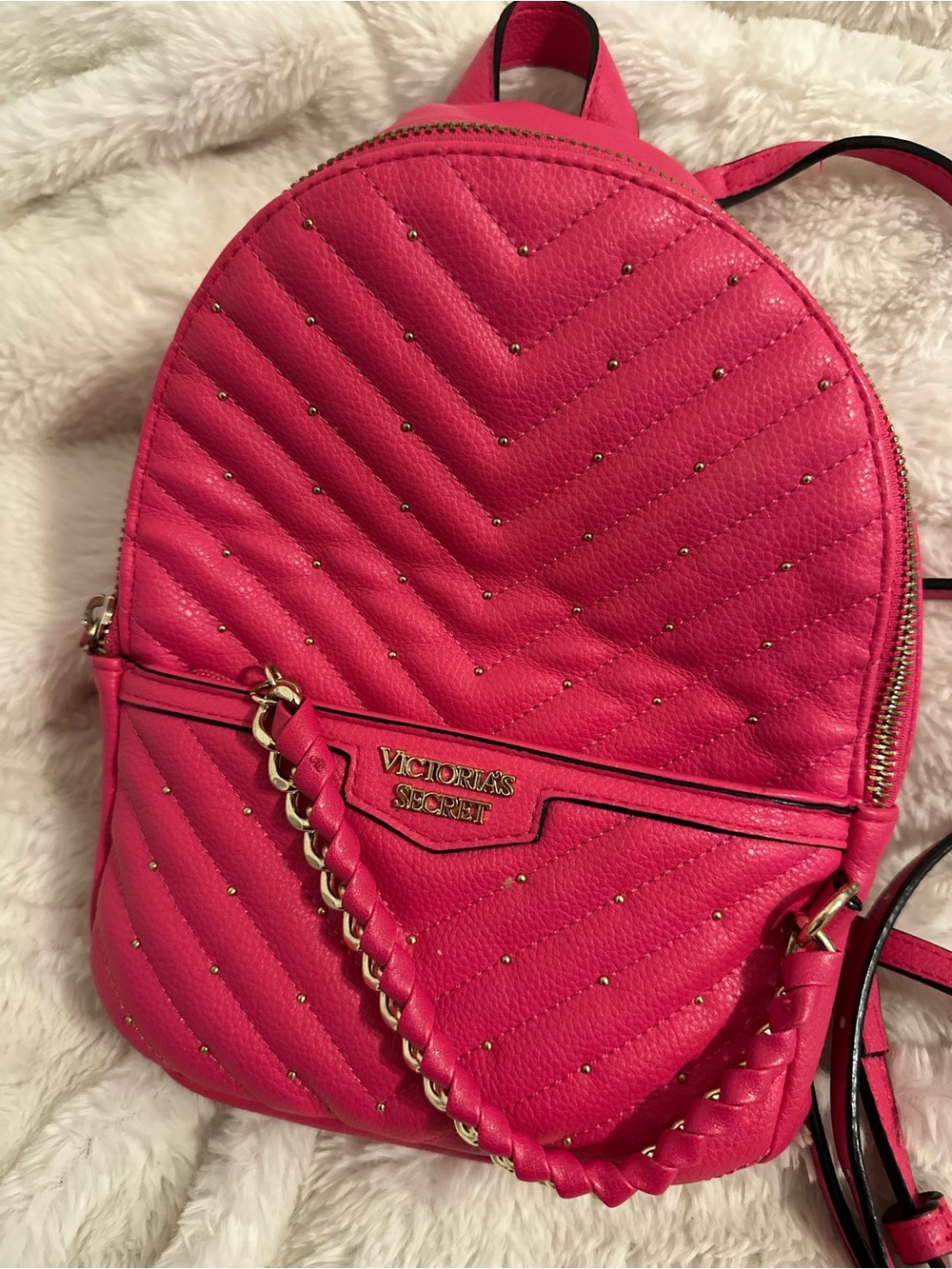 Women’s Victoria's Secret Gem Hot Pink Quilted Mini Essential Stylish Backpack - Picture 3 of 9